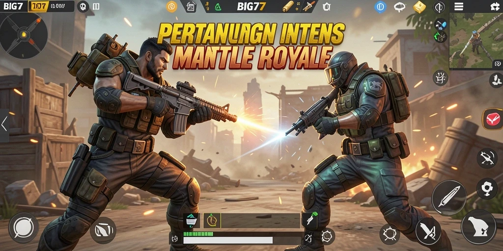Screenshot gameplay BIG77 menampilkan pertempuran intens di medan perang Battle Royale.