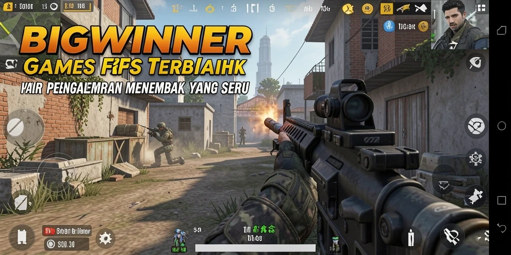 Tangkapan layar utama BIGWINNER menampilkan aksi menembak yang intens di medan perang.