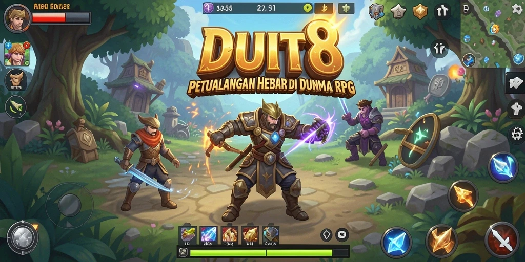 Screenshot gameplay DUIT8 menampilkan pertarungan epik karakter RPG.