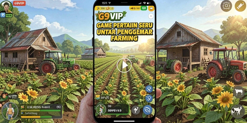 Tampilan gameplay G9VIP yang menggambarkan aktivitas bertani yang menyenangkan.