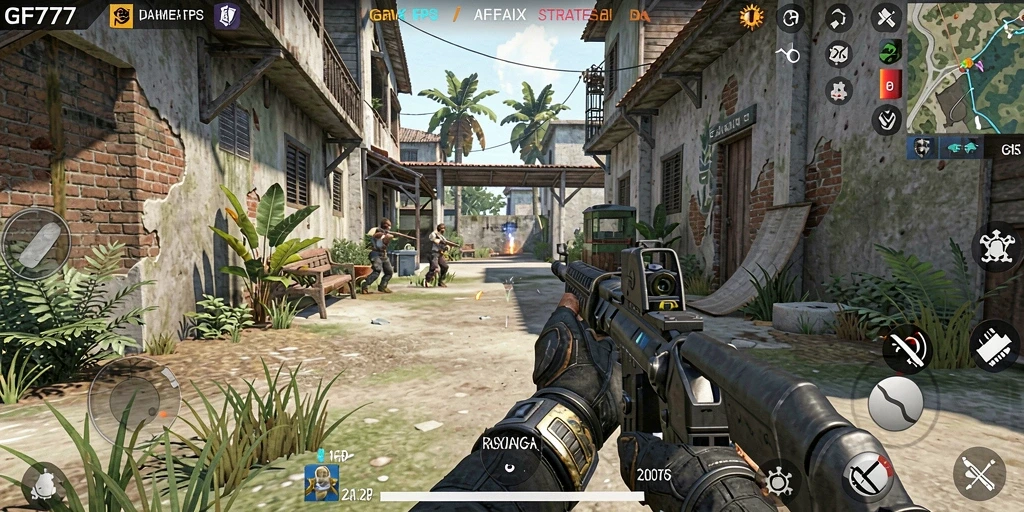 Tampilan gameplay intens dari GF777 di medan perang FPS.