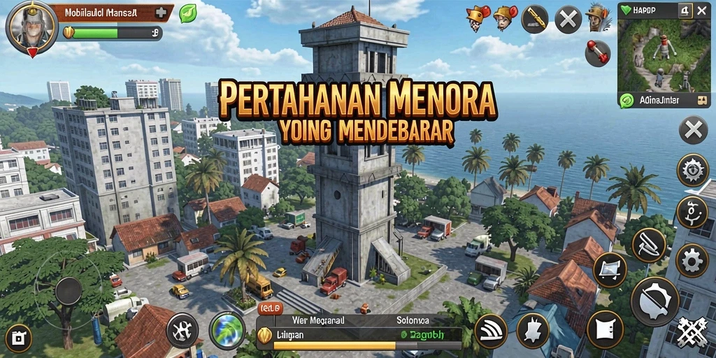 Tampilan gameplay menakjubkan di HARAPJP menampilkan strategi Tower Defense yang mendebarkan.