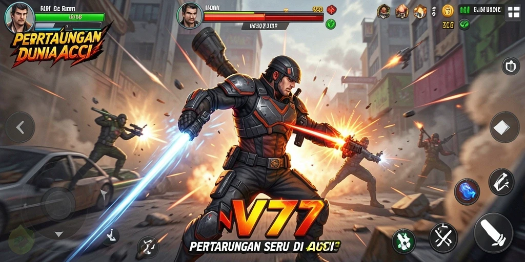 Screenshot gameplay NV77 menampilkan aksi pertarungan yang menegangkan dan karakter beragam.