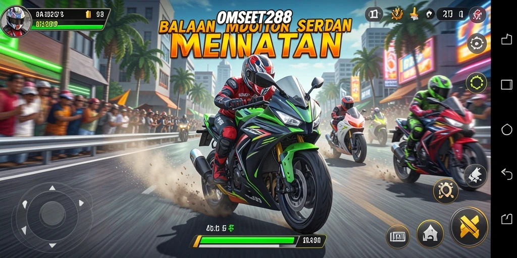 Tampilan gameplay seru di OMSET288 dengan aksi balapan motor.