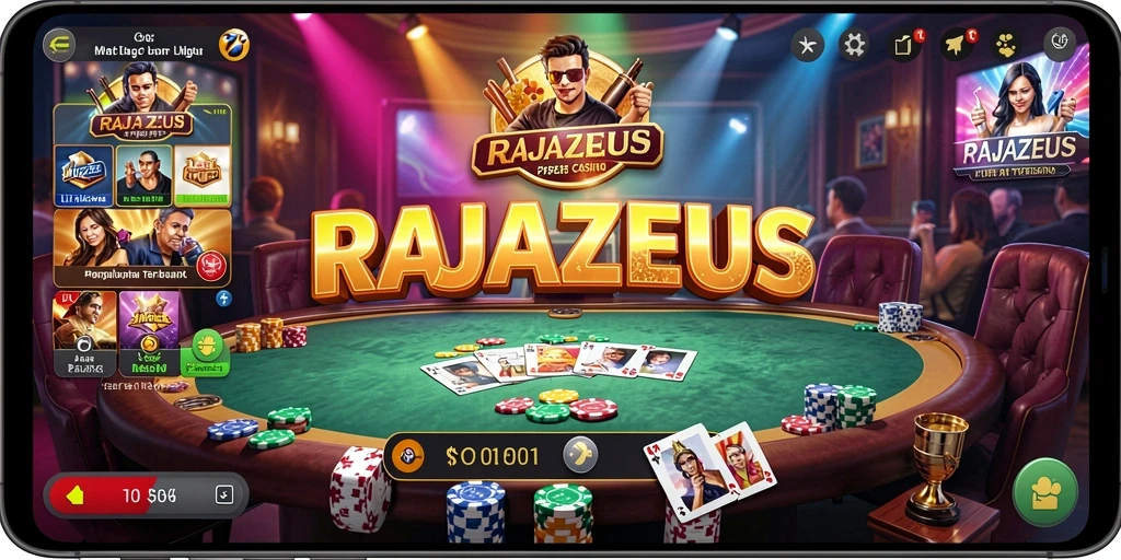 Screenshot gameplay RAJAZEUS menampilkan dealer langsung dan suasana kasino yang dinamis.