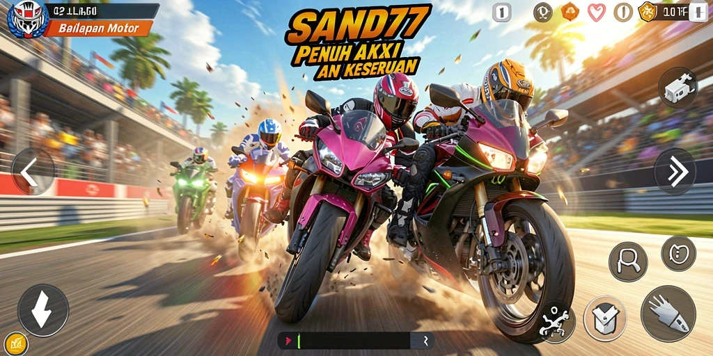 Tampilan gameplay SAND77 dengan balapan motor seru dan grafis menawan.