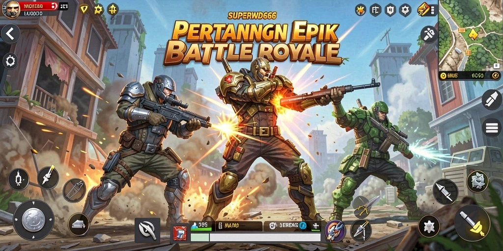 Tangkapan layar SUPERWD666 menampilkan aksi pertarungan epik dalam mode Battle Royale.